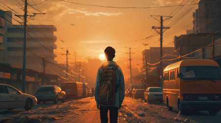 Back view of young man with backpack standing on the street at sunsetの素材