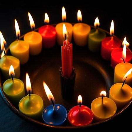 Burning candles in a candlestick on a dark background.の素材