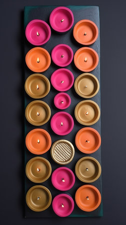 Colorful wax candles arranged in a row on a black background.の素材