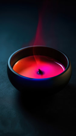 Candle in a dark room with red and blue light. Shallow depth of fieldの素材