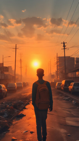 Silhouette of a young man with a backpack on the background of the sunset.の素材