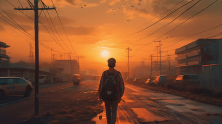 Man walking on the road with a backpack in the sunset time.の素材