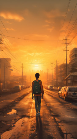 Silhouette of a young man walking on the street at sunsetの素材