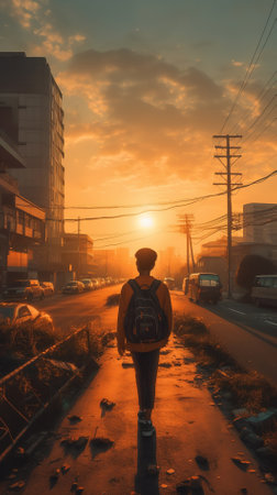 A man walking on the road in the city at sunset time.の素材
