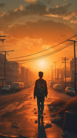 Back view of a man with backpack walking on the street at sunset.の素材