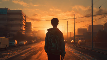 Young man looking at sunrise in the city. Silhouette of a man with backpack.の素材