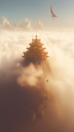 Beautiful pagoda in the fog with bird flying in the skyの素材