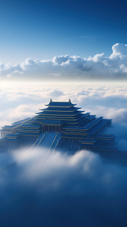 Chinese temple in the clouds. 3d render. Computer digital drawing.の素材