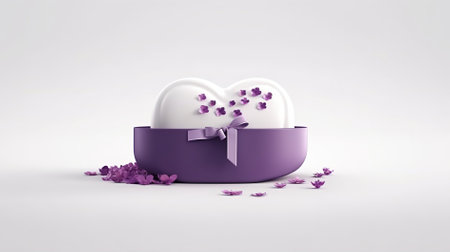 3D rendering of a heart shaped gift box with lilac petalsの素材