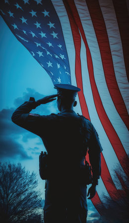 Soldier saluting with american flag on blue sky background.の素材