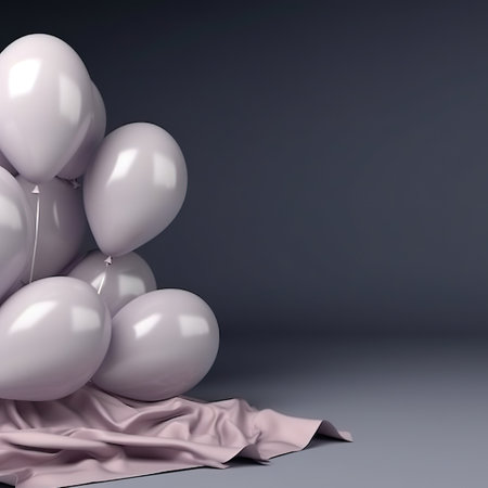 3d render of white balloons and pink cloth on grey background.の素材
