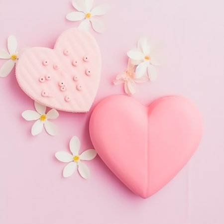 Pink heart and flowers on pastel pink background. Flat lay, top viewの素材