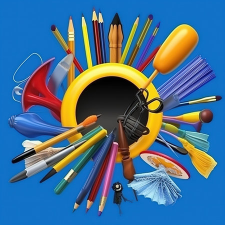 3d illustration of a circle of school supplies on a blue backgroundの素材