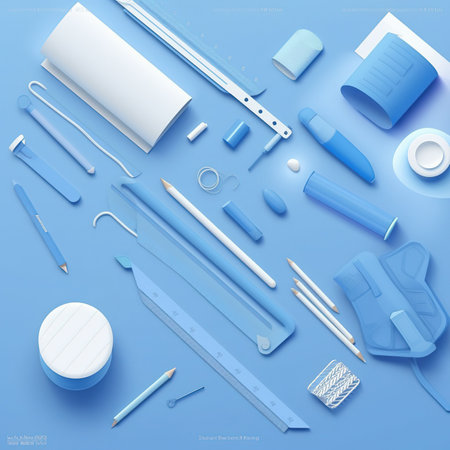 Vector illustration of a set of tools for drawing on a blue backgroundの素材