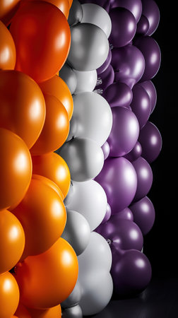 Colorful balloons in a row on a black background, close upの素材