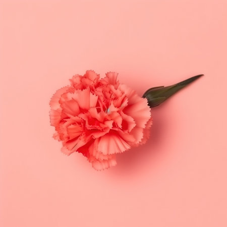 Pink carnation flower on pink background. Flat lay, top view.の素材