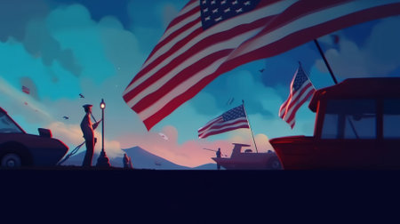 American flag and car in the city. 3d render illustration.の素材