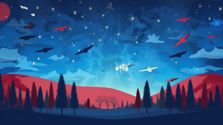 Night sky with flying birds and trees. Vector illustration in cartoon style.の素材