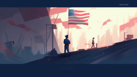 Conceptual image of a man standing on the roof and looking at the city.の素材