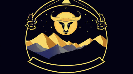 Illustration of a golden frame with a bull head and mountains on a black backgroundの素材