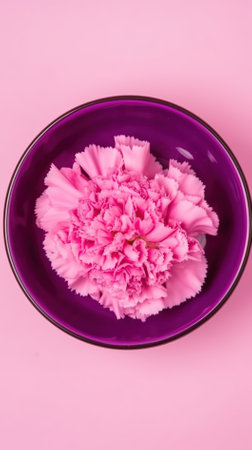 Pink carnation in a bowl on a pink background. Top view.の素材