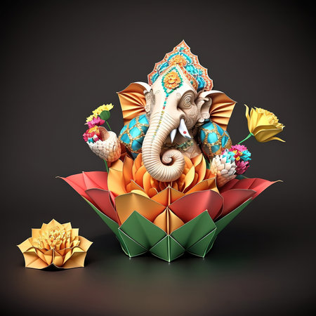 Ganesha with flowers and leaves on black background. 3d illustrationの素材