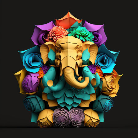 Ganesha statue made of colorful flowers on black background. 3D renderingの素材