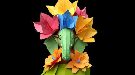 3d illustration of an elephant made of paper flowers over black backgroundの素材