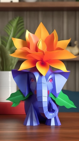 Paper origami elephant with a flower on the table. 3d renderingの素材