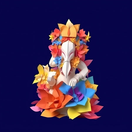 Buddha statue made of paper and colorful flowers on blue backgroundの素材