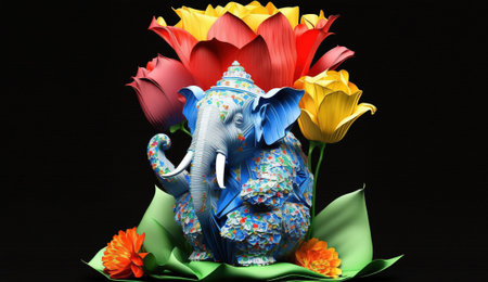 Elephant and colorful tulips on black background. 3d illustrationの素材