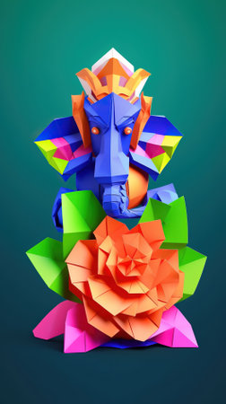 Colorful paper origami elephant on blue background. 3d renderingの素材