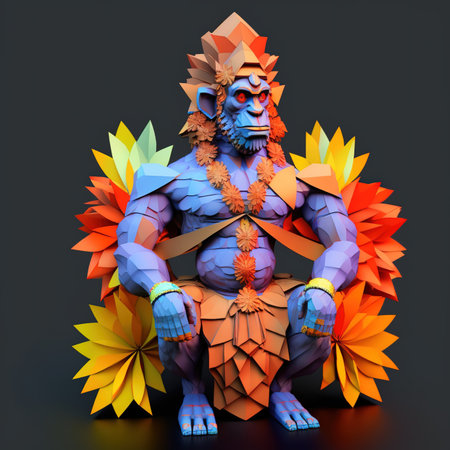 3D rendering of a demon with colorful origami paper background.の素材