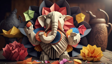 Paper origami elephant with colorful origami flowers on wooden background.の素材