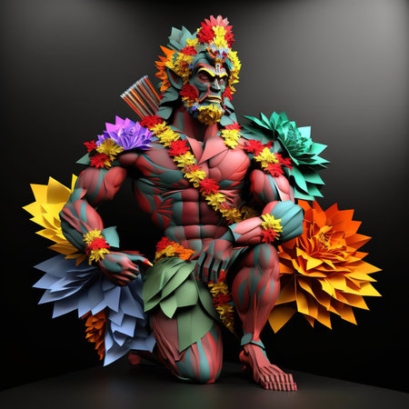 3D rendering of a female demon with flowers in her hair.の素材