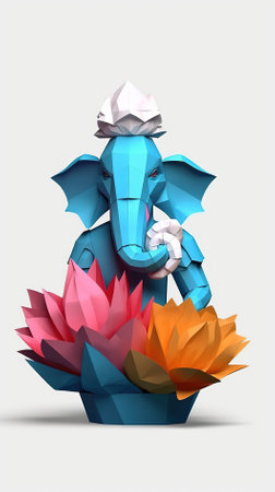 Elephant in origami style on white background, 3d illustrationの素材