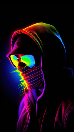 Man in a hoodie and sunglasses on a dark background. Neon light.の素材