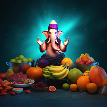 Hindu God Ganesha surrounded by fruits and vegetables with copy spaceの素材
