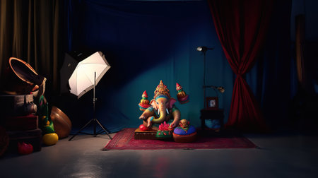 Hindu God Ganesha statue in front of the stage with lightingの素材