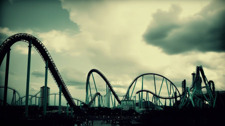 Rollercoaster and cloudy sky, retro toned image.の素材
