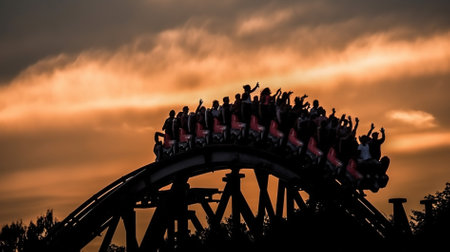 Silhouette of a crowd of people on roller coaster at sunsetの素材