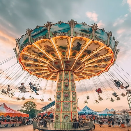 Merry-go-round in the amusement park at sunset.の素材