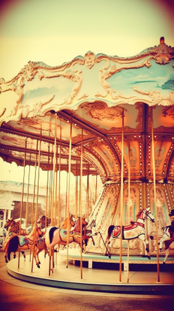 Vintage carousel in amusement park. Retro style toned pictureの素材