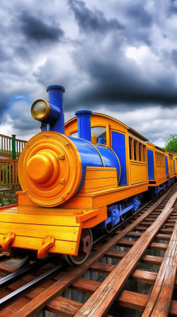 Vintage train on a wooden railway bridge over the river in cloudy weatherの素材