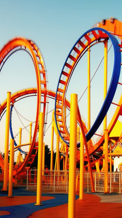 Rollercoaster in amusement park on blue sky background, closeupの素材