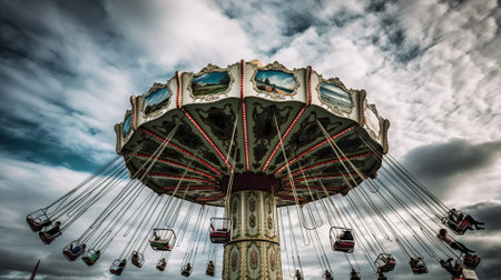Old vintage carousel on the cloudy sky background. Toned.の素材
