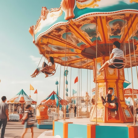 Merry-go-round in amusement park, vintage style.の素材
