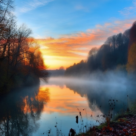 Autumn landscape with fog on the river and trees at sunrise.の素材
