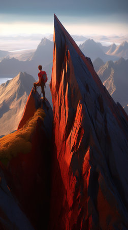 Man on top of a mountain in the rays of the rising sunの素材