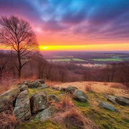 Fantastic sunrise in the forest. Dramatic overcast sky. Beauty world.の素材